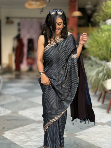 BLACK-INDIGO MODAL SILK AJRAKH BLOCK PRINT SARI