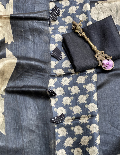 CHARCOAL BLACK FLORAL PRINT TUSSAR SILK SARI