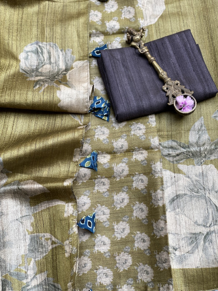 OLIVE FLORAL PRINT TUSSAR SILK SARI