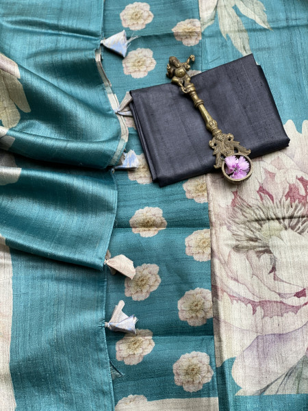 TEAL FLORAL PRINT TUSSAR SILK SARI