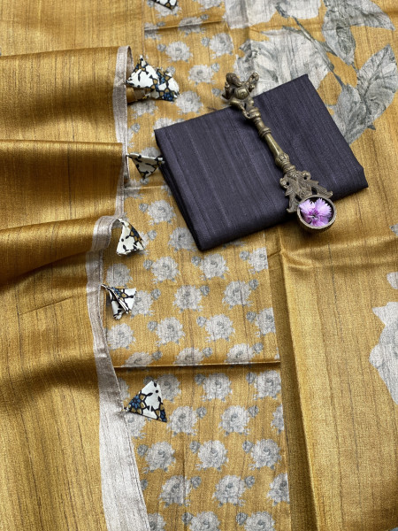 MUSTARD FLORAL PRINT TUSSAR SILK SARI