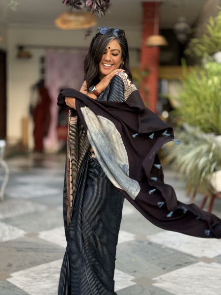 BLACK-INDIGO MODAL SILK AJRAKH BLOCK PRINT SARI