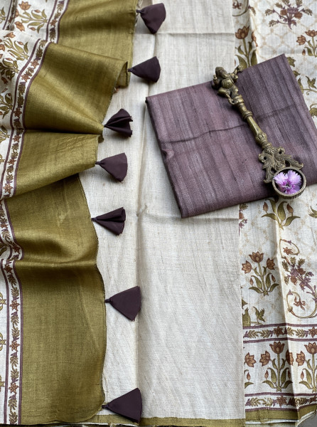 OFF WHITE-OLIVE BLOCK PRINT TUSSAR SILK SARI