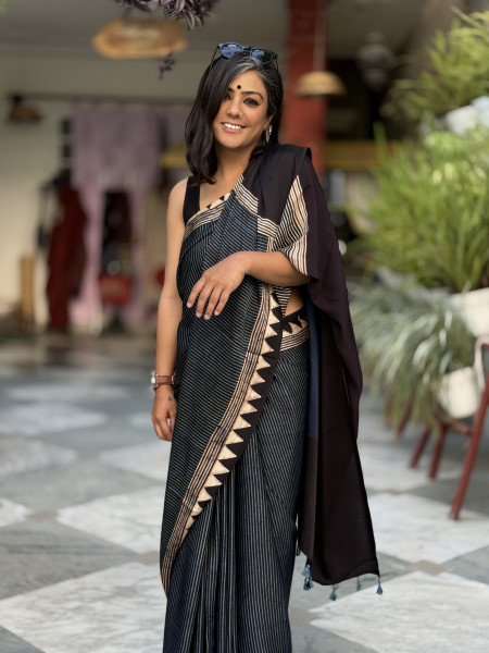 BLACK-INDIGO MODAL SILK AJRAKH BLOCK PRINT SARI