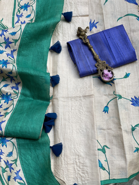 OFF WHITE-AQUA BLOCK PRINT TUSSAR SILK SARI