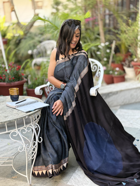 BLACK-INDIGO MODAL SILK AJRAKH BLOCK PRINT SARI