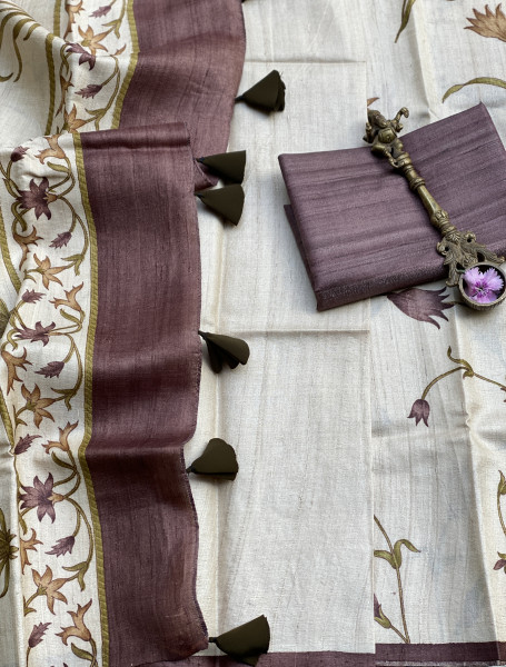 OFF WHITE-BROWN BLOCK PRINT TUSSAR SILK SARI