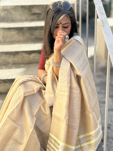 BEIGE HAND WOVEN TUSSAR SILK SARI