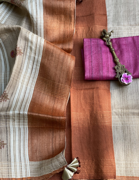 BEIGE-RUST HAND BLOCK PRINT TUSSAR SILK SARI
