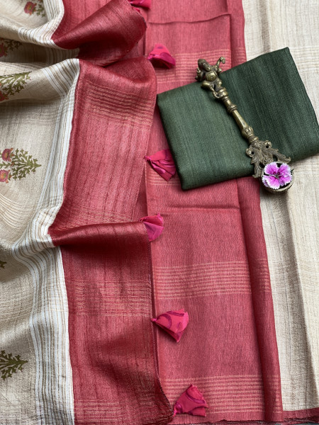 BEIGE-RED HAND BLOCK PRINT TUSSAR SILK SARI