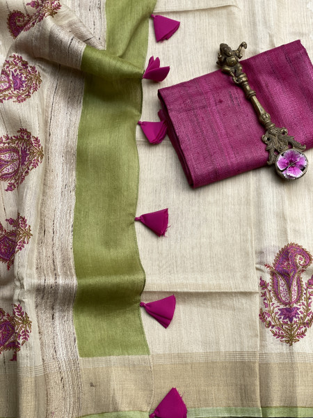 OFF WHITE-PINK  HAND BLOCK PRINT HANDLOOM SILK SARI