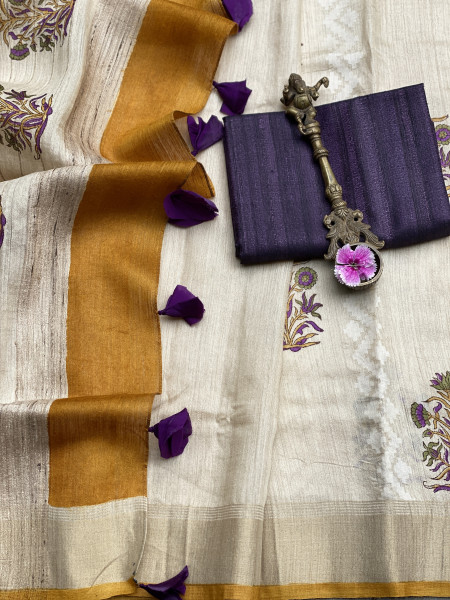 OFF WHITE-PURPLE  HAND BLOCK PRINT HANDLOOM SILK SARI