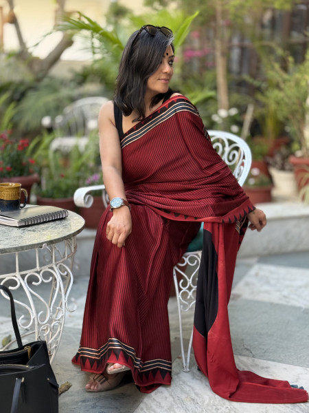 MAROON-BLACK MODAL SILK AJRAKH BLOCK PRINT SARI