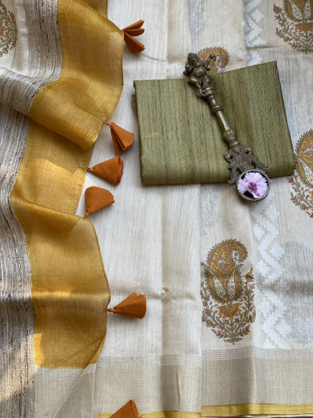 OFF WHITE-YELLOW  HAND BLOCK PRINT HANDLOOM SILK SARI