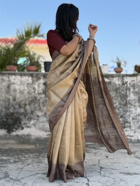 BEIGE-BROWN HAND WOVEN TUSSAR SILK SARI