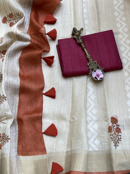 OFF WHITE-RUST  HAND BLOCK PRINT HANDLOOM SILK SARI