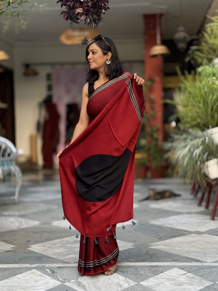 MAROON-BLACK MODAL SILK AJRAKH BLOCK PRINT SARI