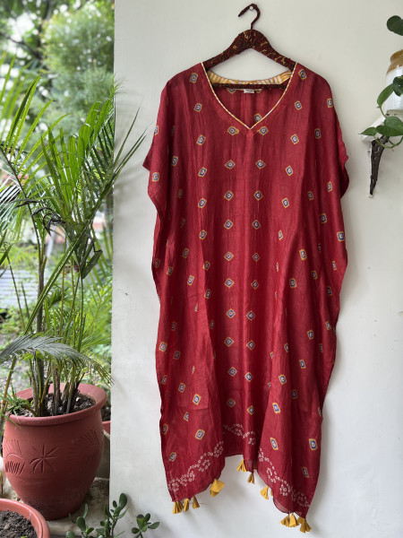 RED TIE AND DYE TUSSAR SILK KAFTAN