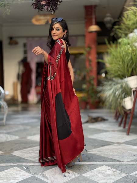 MAROON-BLACK MODAL SILK AJRAKH BLOCK PRINT SARI