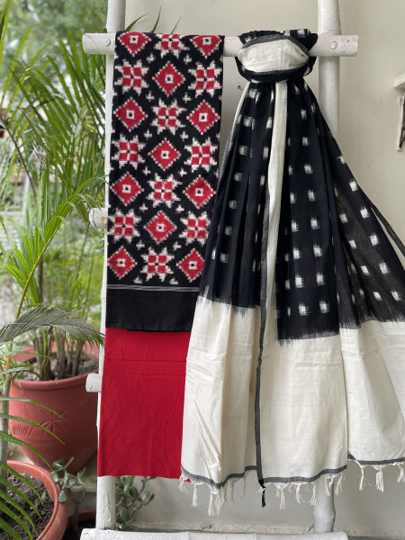 BLACK & RED  COTTON IKKAT DUPATTA SET