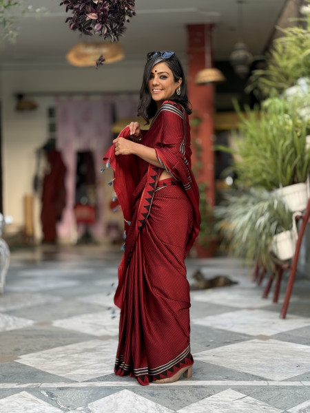 MAROON-BLACK MODAL SILK AJRAKH BLOCK PRINT SARI