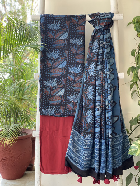 BLACK - INDIGO  AJRAKH MODAL SILK DUPATTA SET