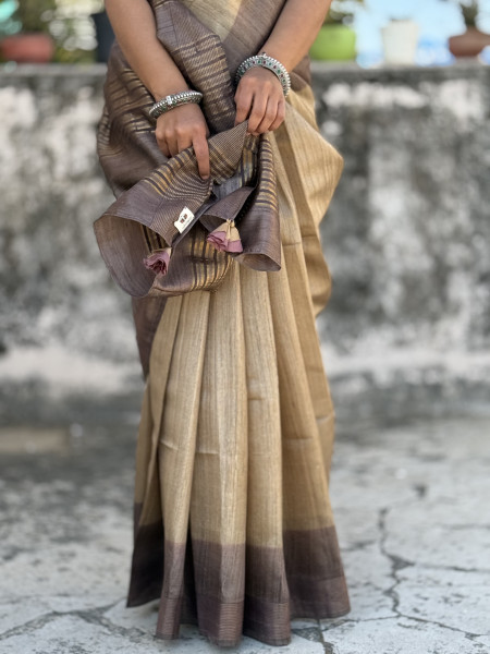 BEIGE-BROWN HAND WOVEN TUSSAR SILK SARI