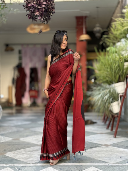 MAROON-BLACK MODAL SILK AJRAKH BLOCK PRINT SARI