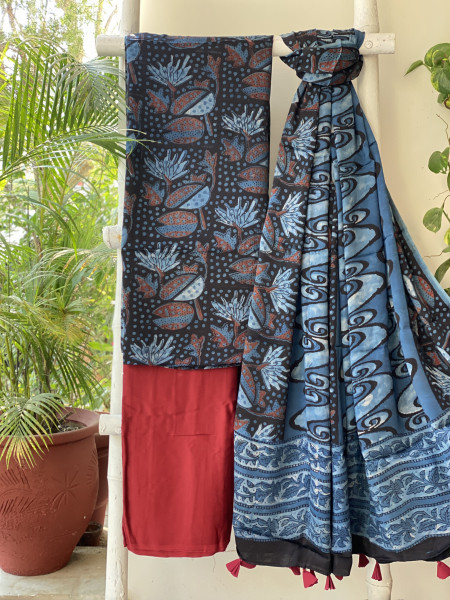 BLACK - INDIGO  AJRAKH MODAL SILK DUPATTA SET