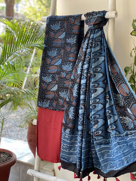 BLACK - INDIGO  AJRAKH MODAL SILK DUPATTA SET
