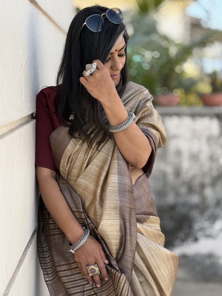 Image of BEIGE-BROWN HAND WOVEN TUSSAR SILK SARI