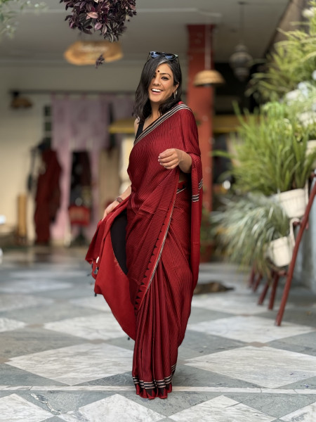 MAROON-BLACK MODAL SILK AJRAKH BLOCK PRINT SARI