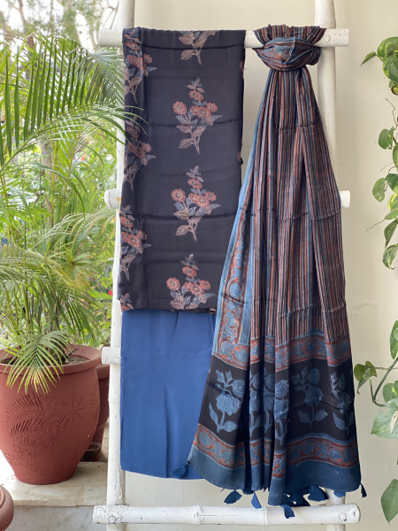 BLACK-INDIGO AJRAKH MODAL SILK DUPATTA SET
