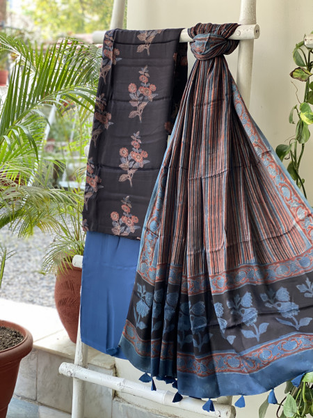 BLACK-INDIGO AJRAKH MODAL SILK DUPATTA SET