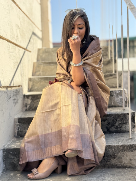BEIGE-BROWN HAND WOVEN TUSSAR SILK SARI