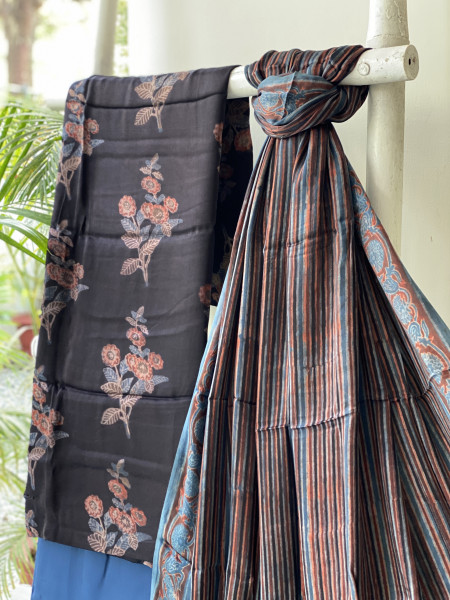 BLACK-INDIGO AJRAKH MODAL SILK DUPATTA SET