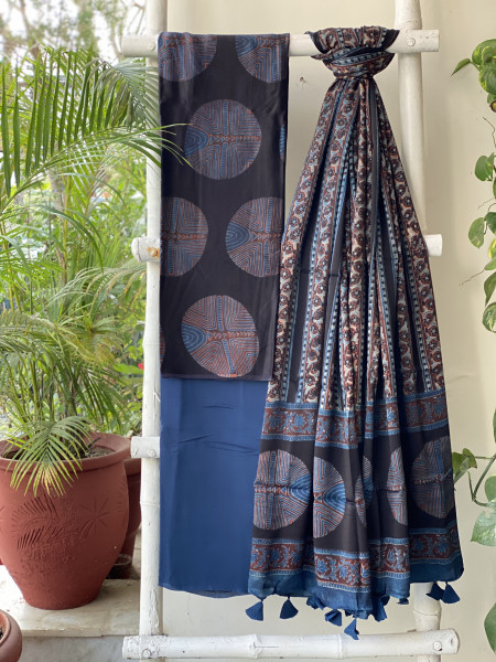 BLACK-INDIGO AJRAKH MODAL SILK DUPATTA SET