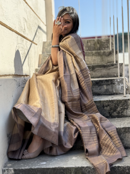 BEIGE-BROWN HAND WOVEN TUSSAR SILK SARI