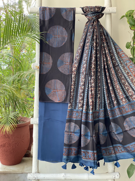 BLACK-INDIGO AJRAKH MODAL SILK DUPATTA SET