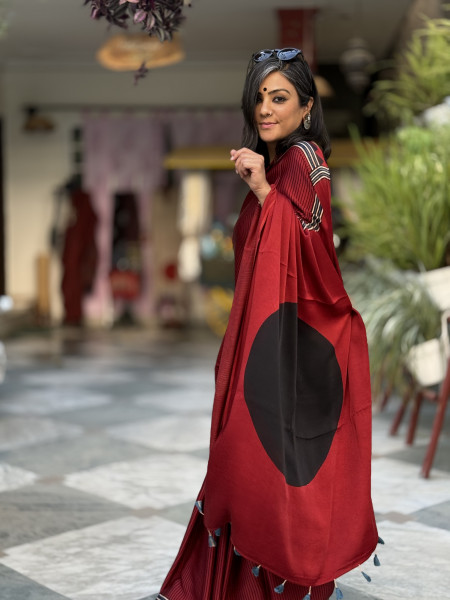 MAROON-BLACK MODAL SILK AJRAKH BLOCK PRINT SARI
