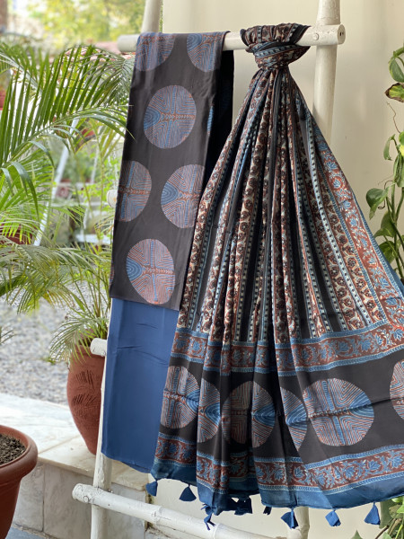 BLACK-INDIGO AJRAKH MODAL SILK DUPATTA SET