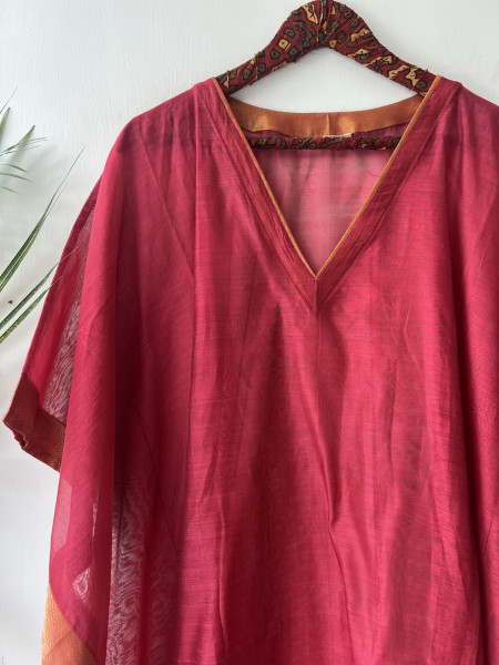 CORAL & BLUE MAHESHWARI SILK & COTTON KAFTAN SET