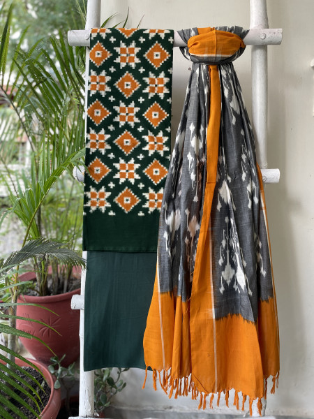 GREEN & MUSTARD COTTON IKKAT DUPATTA SET