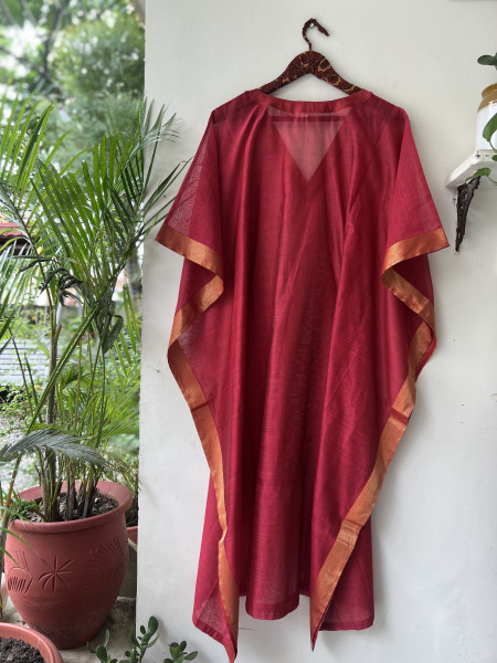 CORAL & BLUE MAHESHWARI SILK & COTTON KAFTAN SET
