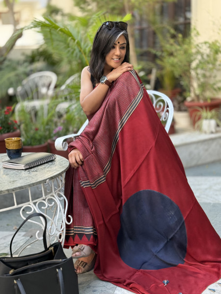 MAROON-INDIGO MODAL SILK AJRAKH BLOCK PRINT SARI