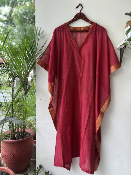 CORAL & BLUE MAHESHWARI SILK & COTTON KAFTAN SET