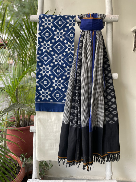 BLUE & WHITE  COTTON IKKAT DUPATTA SET