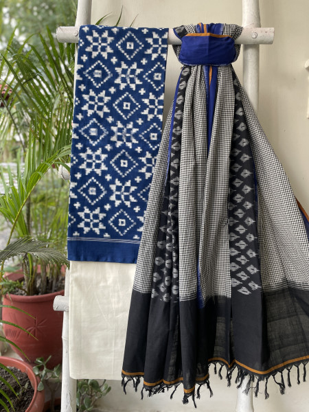 BLUE & WHITE  COTTON IKKAT DUPATTA SET