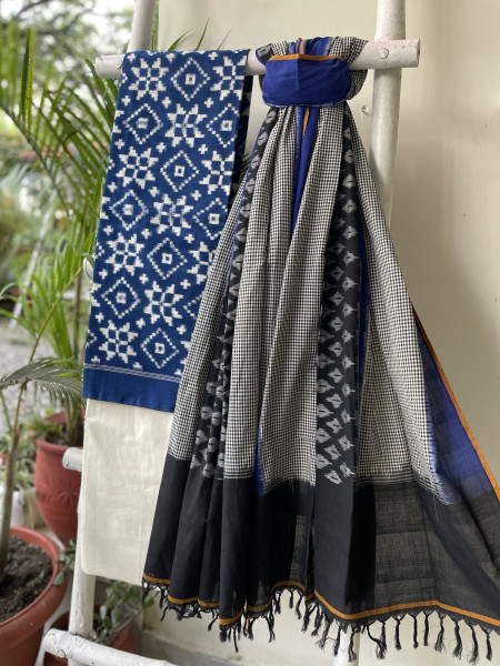 BLUE & WHITE  COTTON IKKAT DUPATTA SET