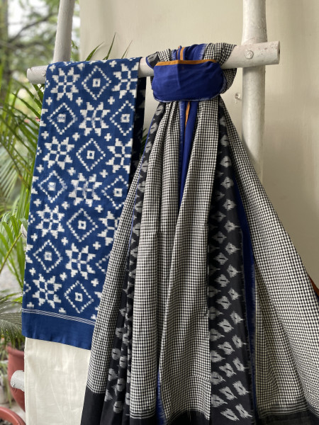BLUE & WHITE  COTTON IKKAT DUPATTA SET